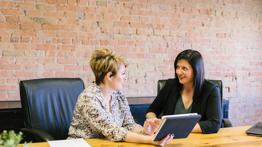 Two colleagues discussing information at a table