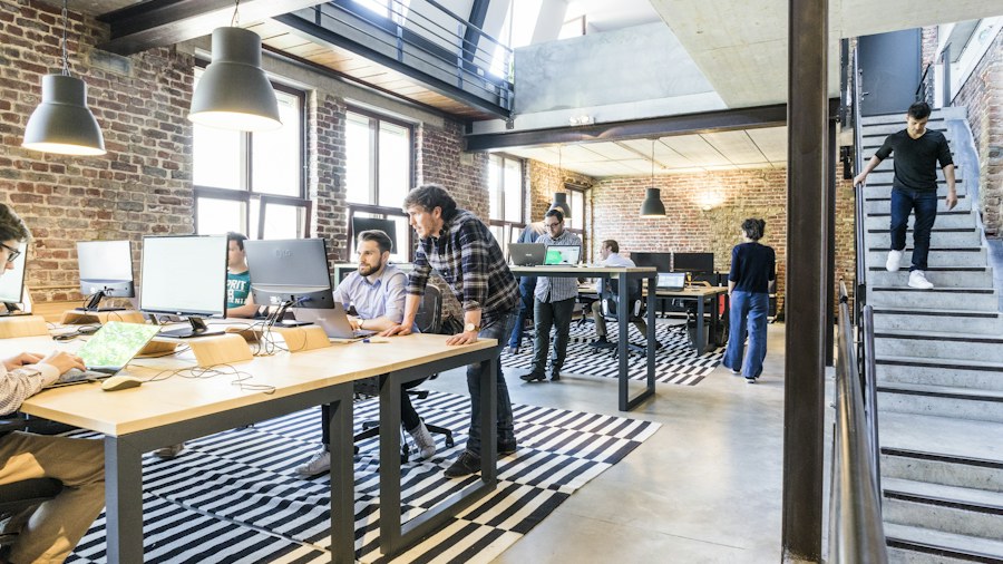 People working in a bright shared office
