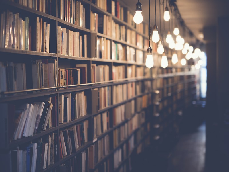 Library shelves and reading lights